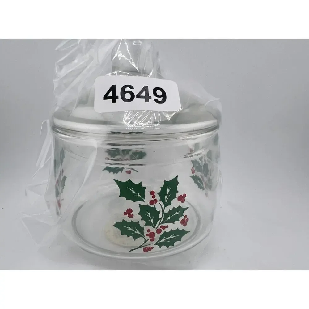 Vintage Indiana Glass 5979 Clear Christmas Holly‎ Berries Snack Jar with Lid